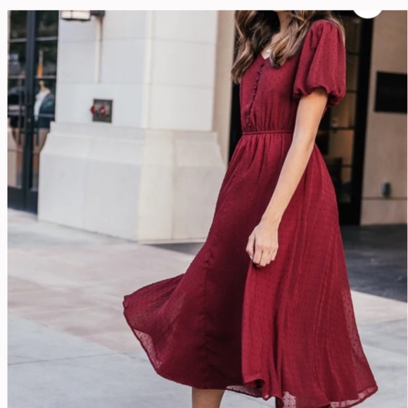 Jessakae burgundy Highbury elegant dress with puffed sleeves and front buttons - Picture 2 of 11